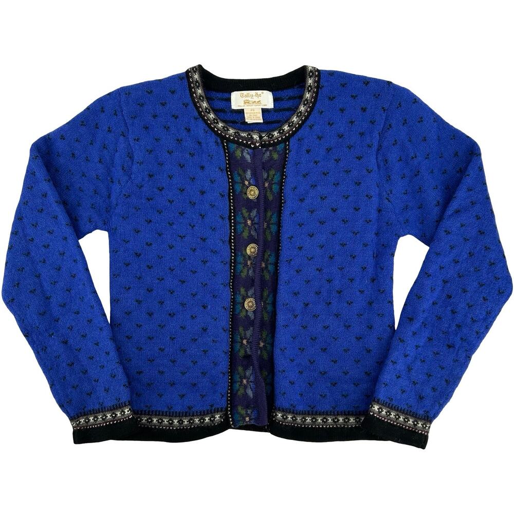VTG 80s Women's Blue Floral Tally-Ho 100% Boiled Wool Cardigan Sweater Sz S